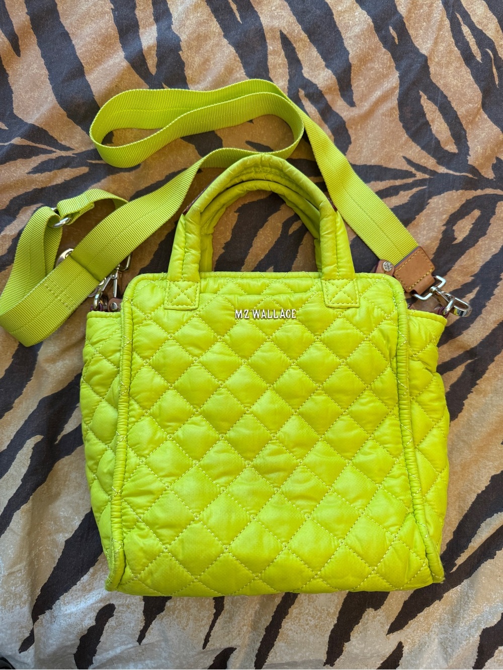 MZ Wallace Acid Yellow Quilted Mini Box Tote Crossbody Bag